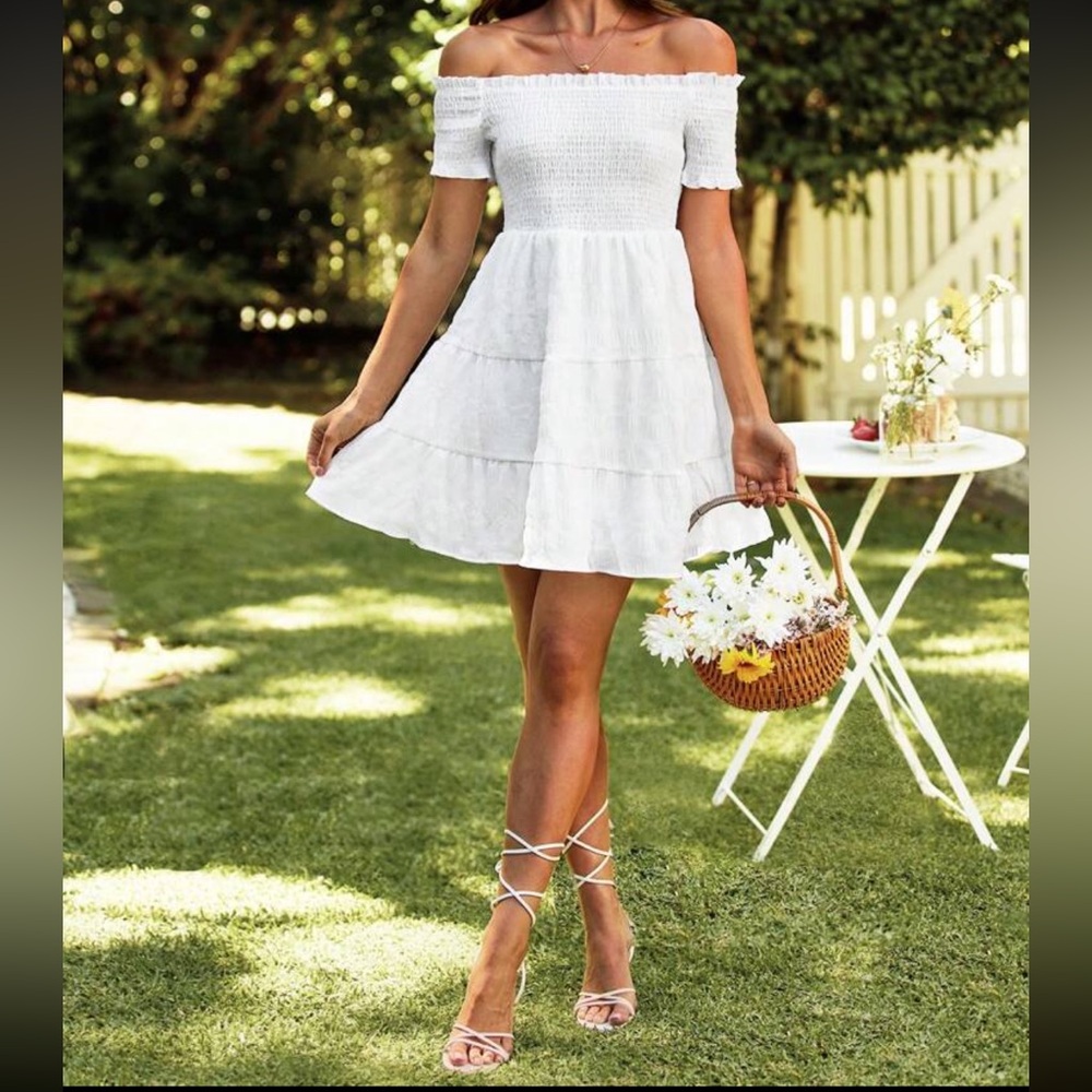 White Mini Sundress with Tiered Skirt and Off-the-Shoulder Neckline - Picture 3 of 12